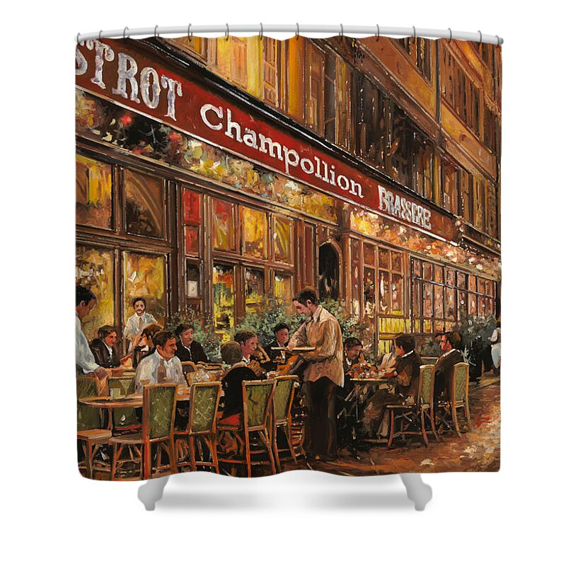 Street Scene Shower Curtain featuring the painting Bistrot Champollion di notte by Guido Borelli