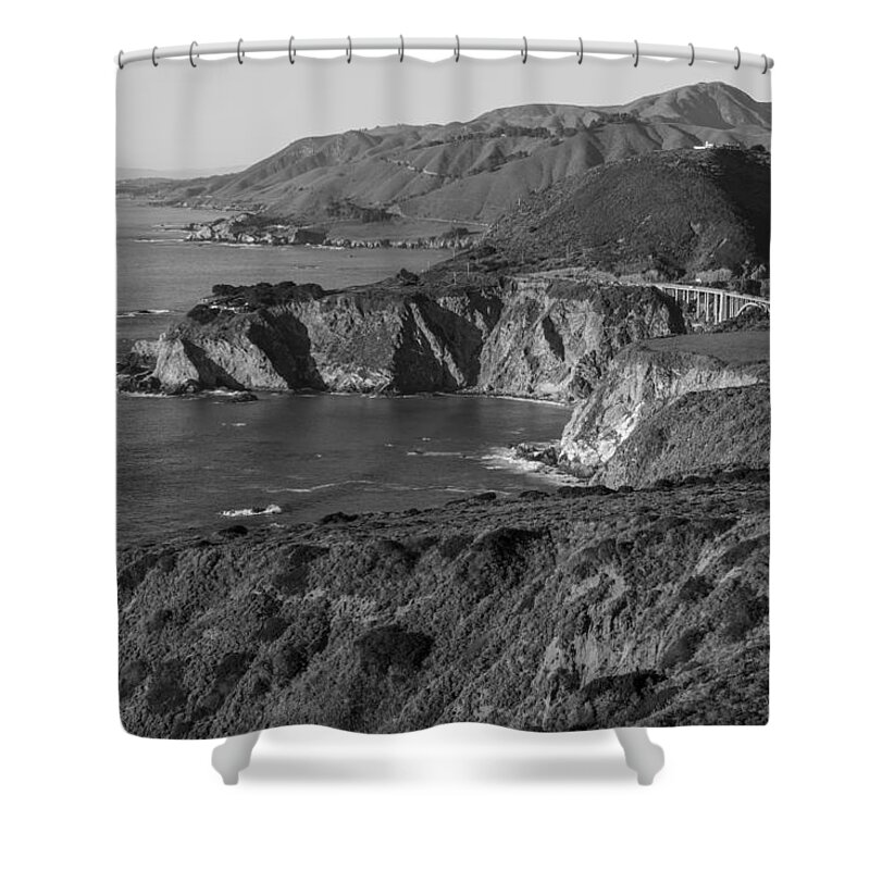 Highway 1 Shower Curtain featuring the photograph Bixbie Bridge Black and White with Coastline by John McGraw