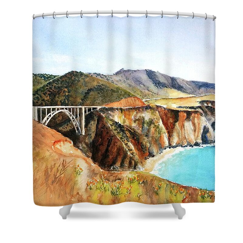 Bixby Bridge Shower Curtain featuring the painting Bixby Bridge Big Sur Coast California by Carlin Blahnik CarlinArtWatercolor