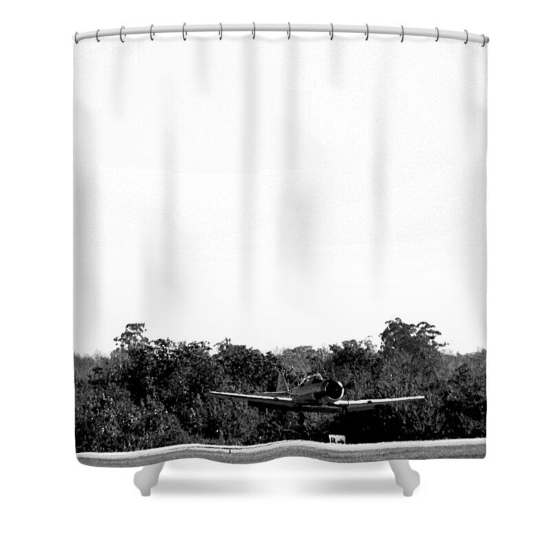 Airplane Shower Curtain featuring the photograph Black and White A-6 Texan Touch and Go by Christopher Mercer