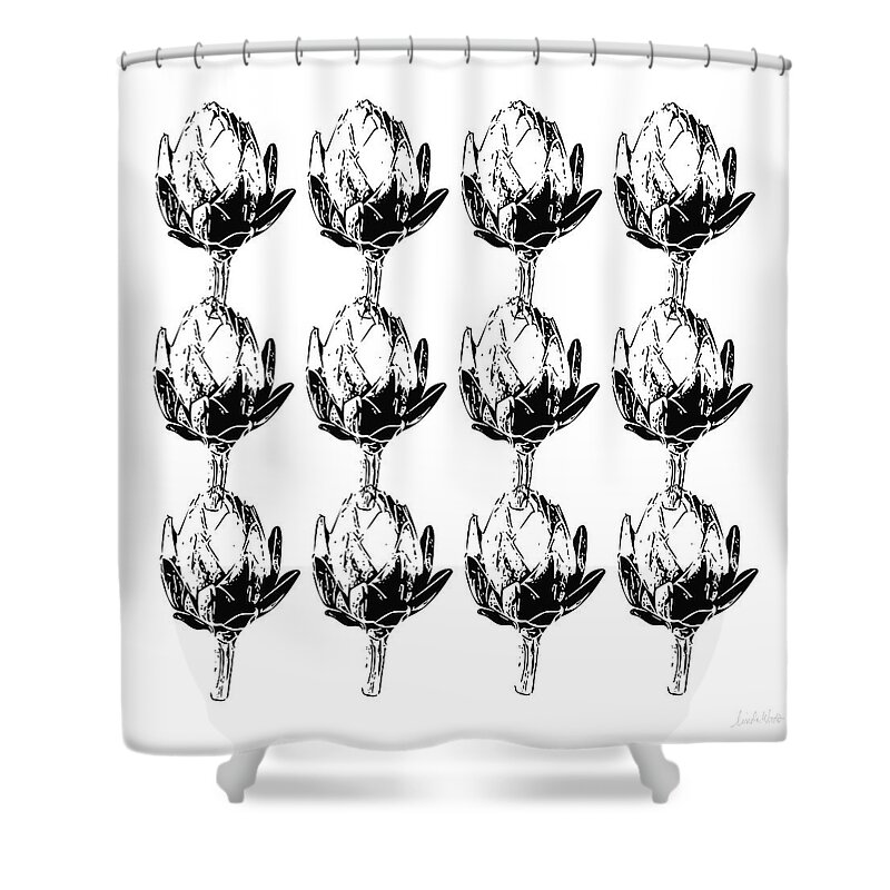Artichoke Shower Curtain featuring the mixed media Black And White Artichokes- Art by Linda Woods by Linda Woods