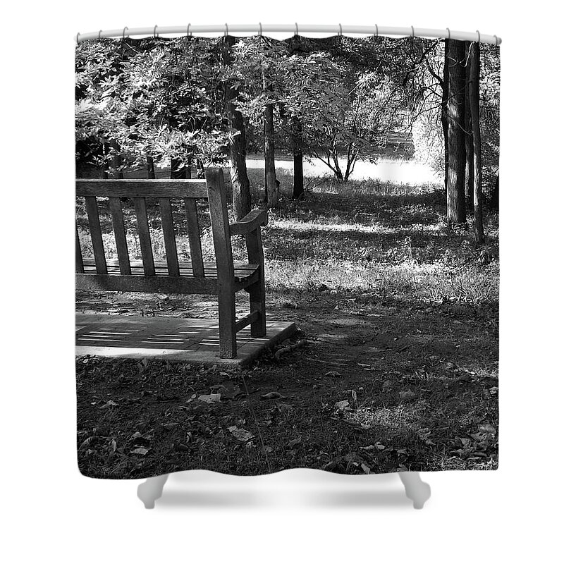 Nichols Arboretum Shower Curtain featuring the digital art Black And White Bench by Phil Perkins