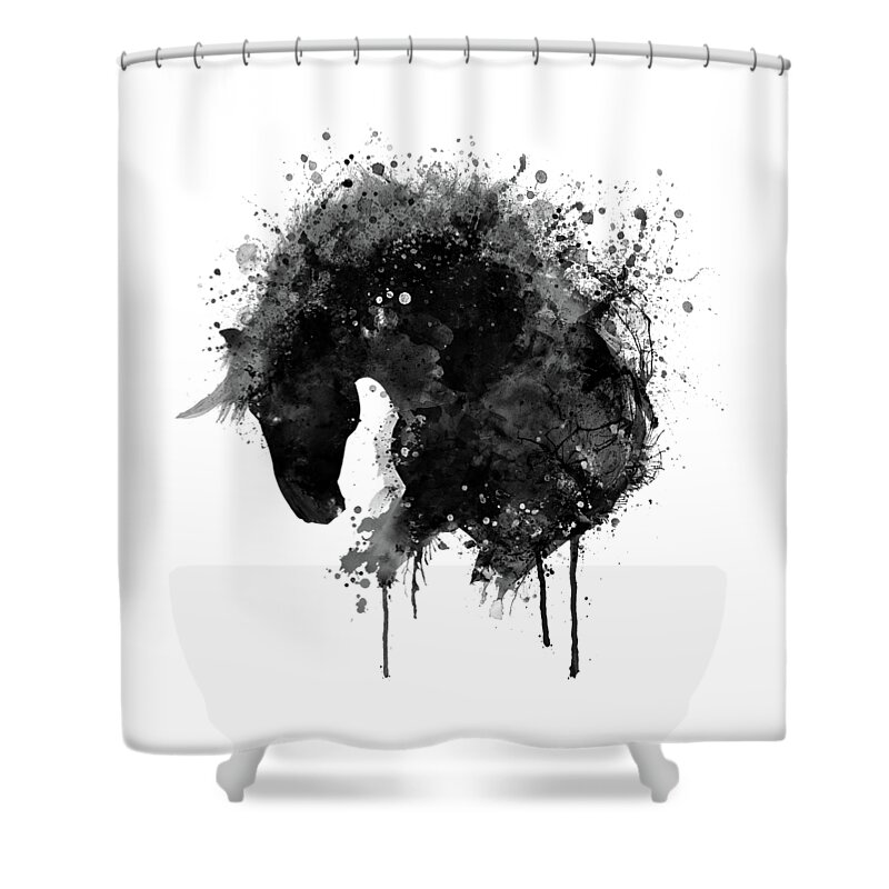 Marian Voicu Shower Curtain featuring the painting Black and White Horse Head Watercolor Silhouette by Marian Voicu