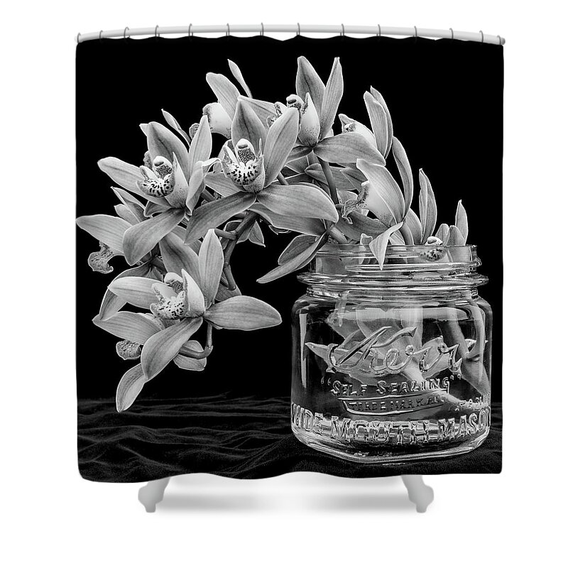 Orchid Shower Curtain featuring the photograph Black and White Orchid Antique Mason Jar by Kathy Anselmo