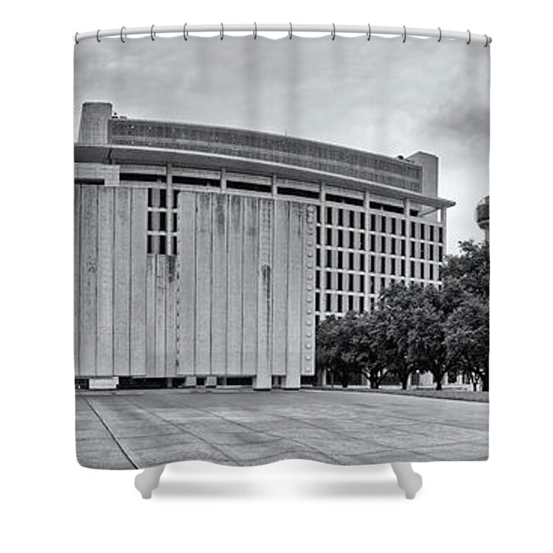 Dallas Shower Curtain featuring the photograph Black and White Panorama of JFK Memorial and Old Red Museum - Dallas Texas by Silvio Ligutti