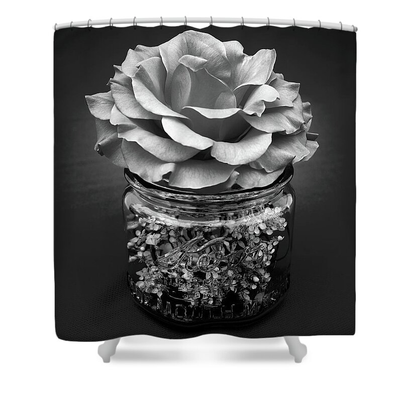 Rose Shower Curtain featuring the photograph Black and White Rose Antique Mason Jar 2 by Kathy Anselmo