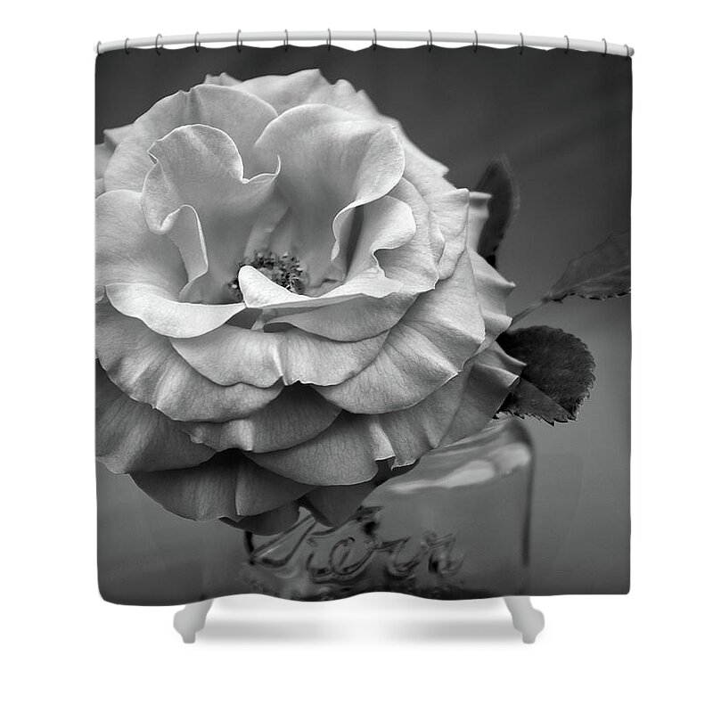 Rose Shower Curtain featuring the photograph Black and White Rose Antique Mason Jar by Kathy Anselmo