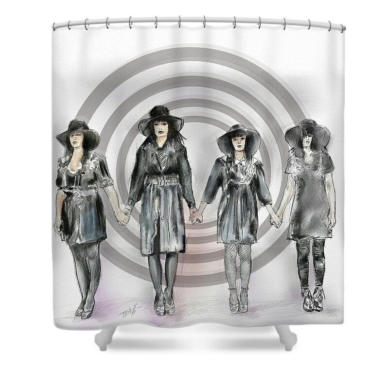 Olivia Jean Shower Curtain featuring the mixed media Black Bells Olivia Jean by Mark Tonelli
