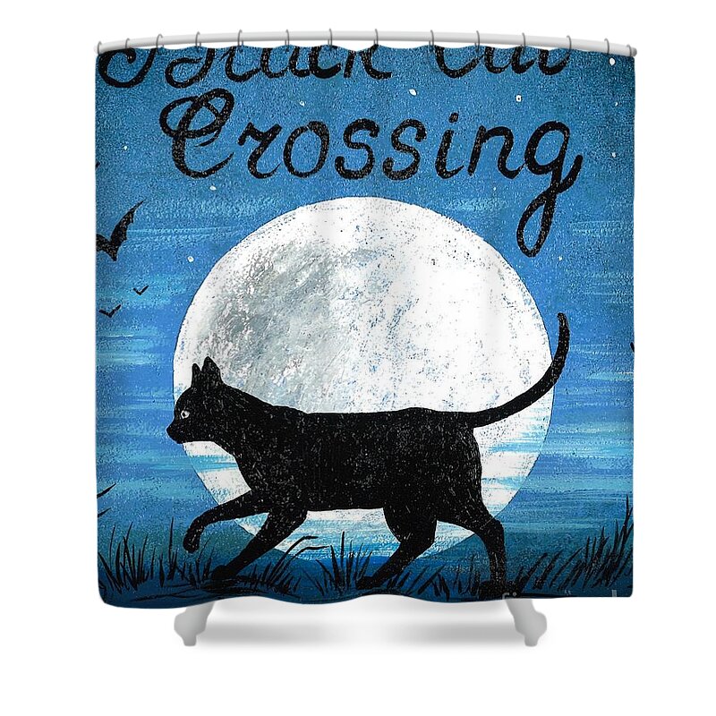 Print Shower Curtain featuring the painting Black Cat Crossing by Margaryta Yermolayeva