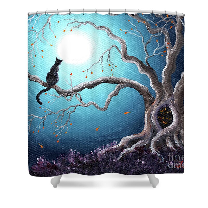 Landscape Shower Curtain featuring the painting Black Cat in a Haunted Tree by Laura Iverson