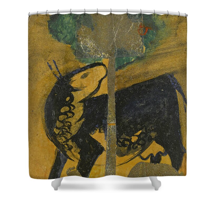 Franz Marc Shower Curtain featuring the drawing Black Cow behind Tree by Franz Marc