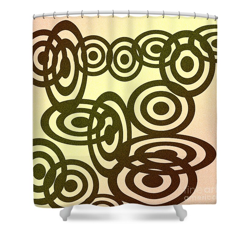 Abstract Illustration Of Black Target Shaped Discs With A Layered Textured Gradient Of Pastels. Shower Curtain featuring the digital art Black Discs Linked 2 by Susan Stevenson