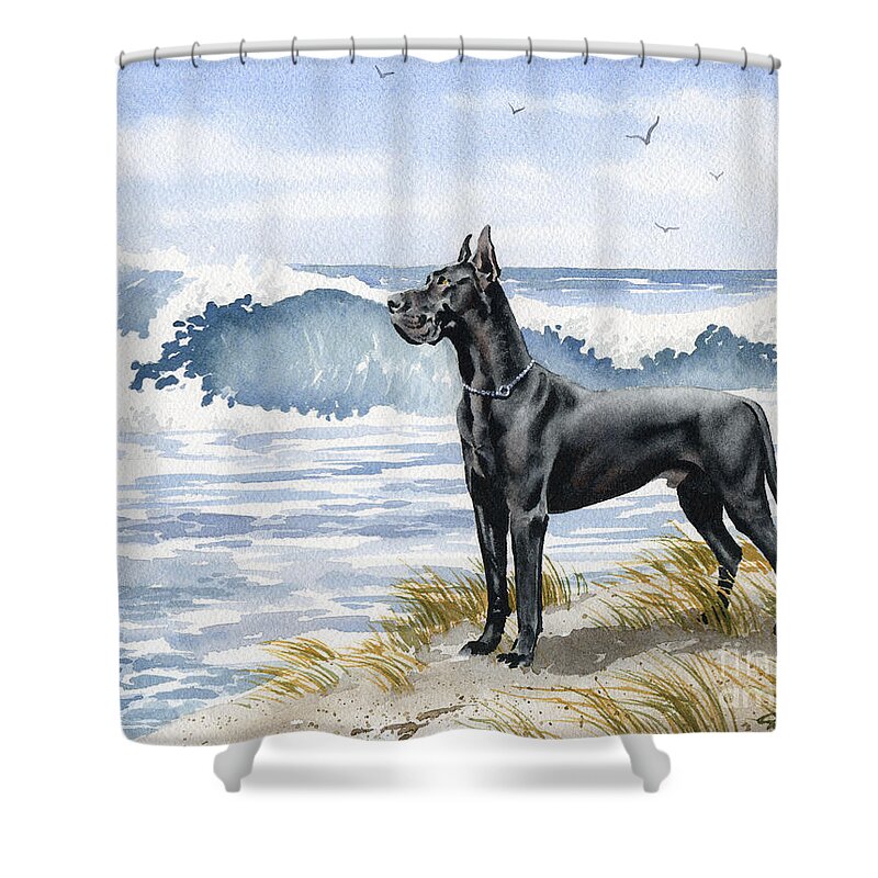 Great Dane Shower Curtain featuring the painting Black Great Dane At The Beach by David Rogers