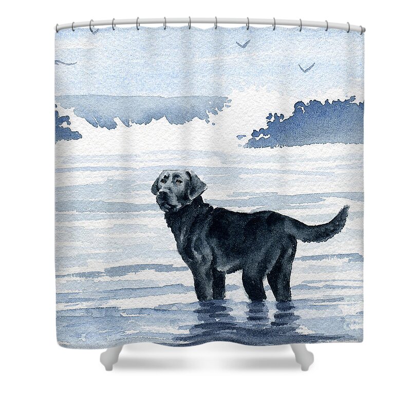 Black Lab Shower Curtain featuring the painting Black Lab At The Beach by David Rogers