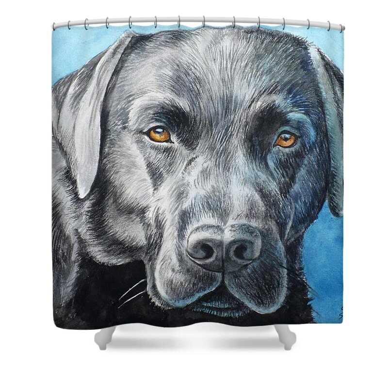 Dog Shower Curtain featuring the painting Black Lab by Christopher Shellhammer