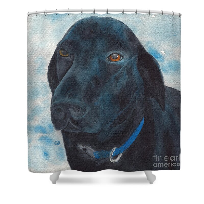 Dog Shower Curtain featuring the painting Black Labrador with Copper Eyes Portrait II by Conni Schaftenaar