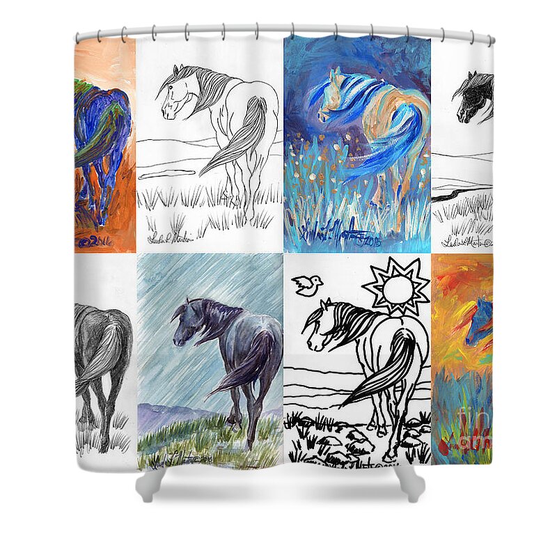 Mustang Artwork Shower Curtain featuring the painting Black Mustang Sampler by Linda L Martin