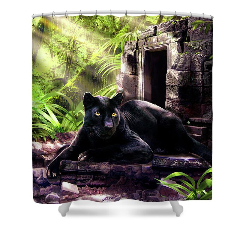 Animal Scene Shower Curtain featuring the painting Black Panther Custodian of Ancient Temple Ruins by Regina Femrite
