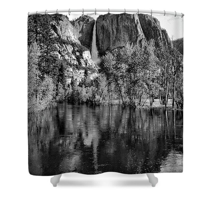 Yosemite Shower Curtain featuring the photograph Black Reflections Yosmite Falls by Chuck Kuhn