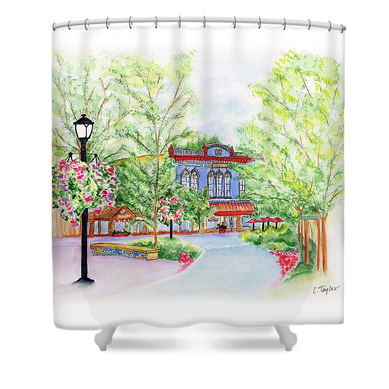Black Sheep Pub Shower Curtain featuring the painting Black Sheep on the Plaza by Lori Taylor