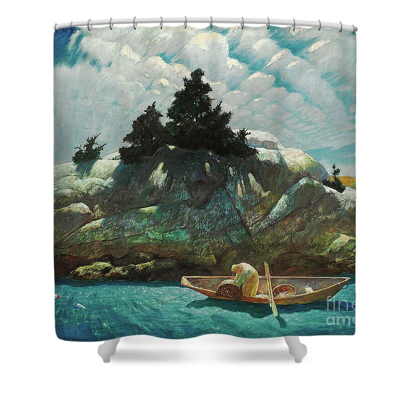 Wyeth Shower Curtain featuring the painting Black Spruce Ledge Lobstering Off Black Spruce Ledge by Newell Convers Wyeth
