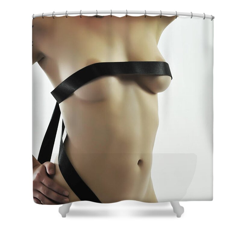 Fetish Photographs Shower Curtain featuring the photograph Black straps by Robert WK Clark
