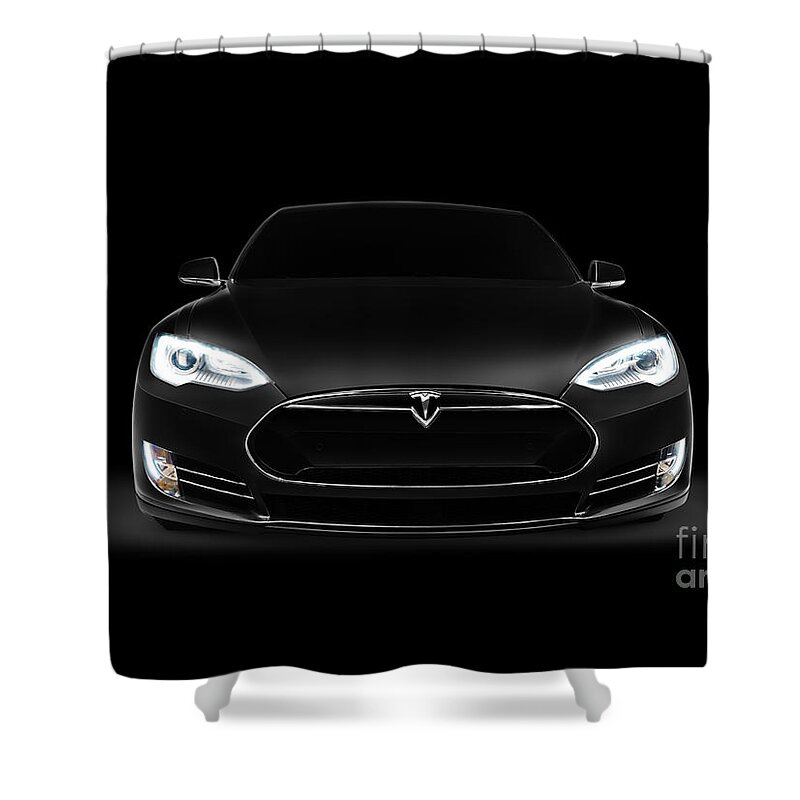 Tesla Shower Curtain featuring the photograph Black Tesla Model S luxury electric car front view by Maxim Images Exquisite Prints
