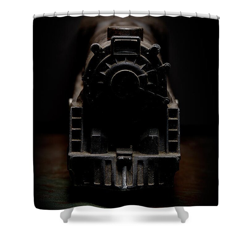 Old Train Shower Curtain featuring the photograph Black Toy Train Engine by Art Whitton