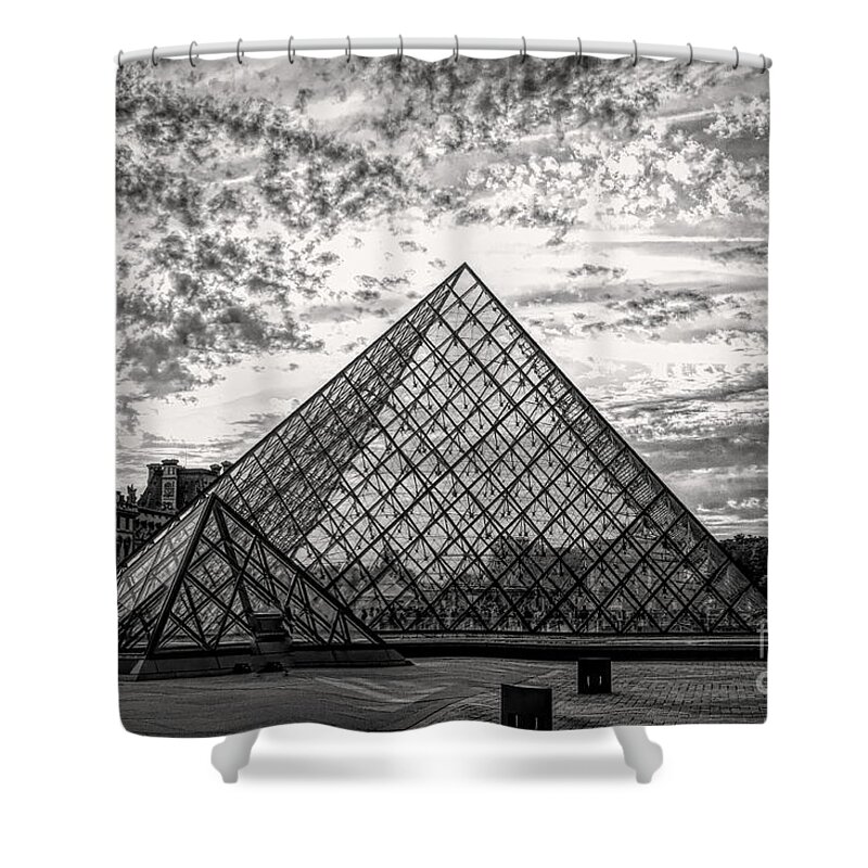 The Louvre Shower Curtain featuring the photograph Black White Glass Pyramid The Louvre Paris France by Chuck Kuhn
