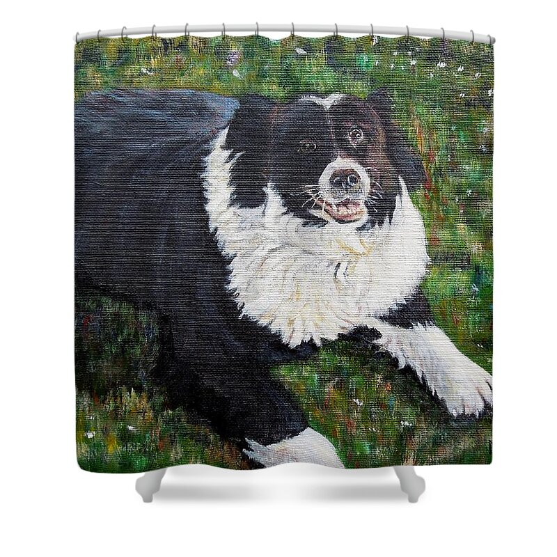 Dog Shower Curtain featuring the painting Blackie by Marilyn McNish