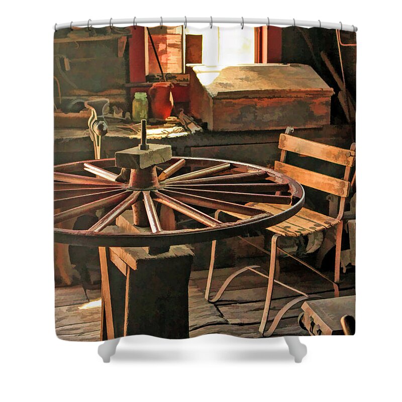 Old World Wisconsin Shower Curtain featuring the painting Blacksmith Shop Wheel Repair at Old World Wisconsin by Christopher Arndt