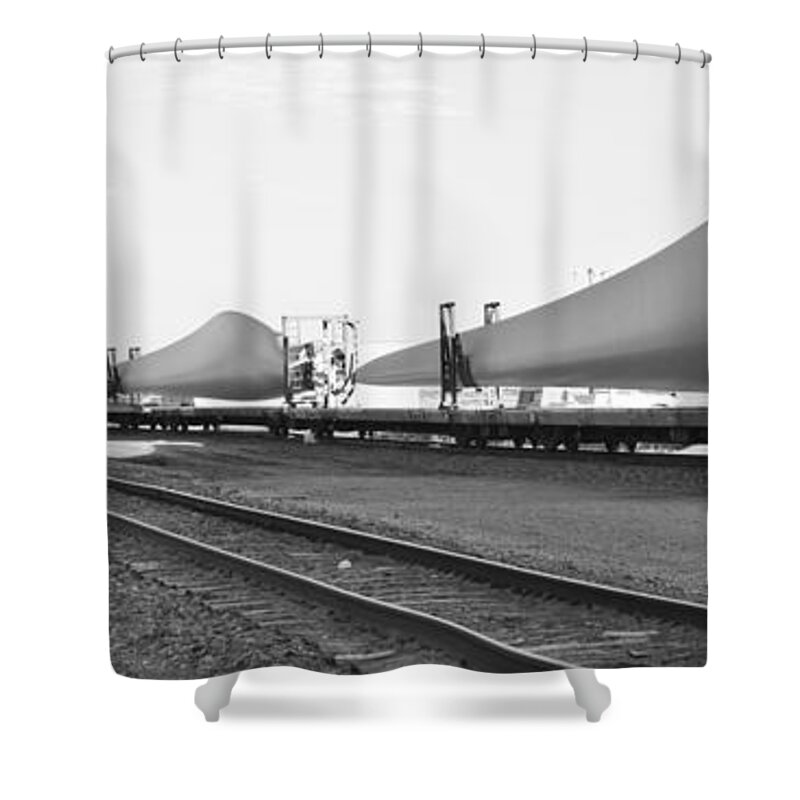 Rail Road Tracks Shower Curtain featuring the photograph Blades on the Rails black and white by Jana Rosenkranz