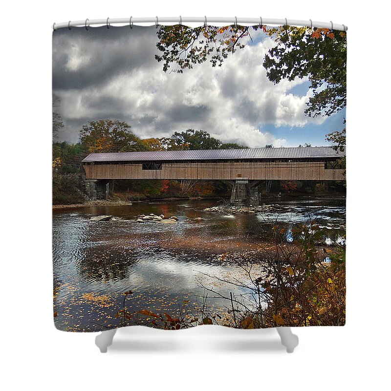 River Shower Curtain featuring the photograph Blair Covered Bridge by Nancy Griswold
