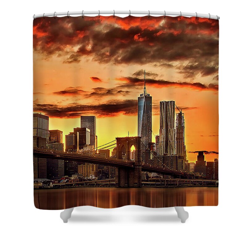 New York City Shower Curtain featuring the photograph Blazing Manhattan Skyline by Az Jackson