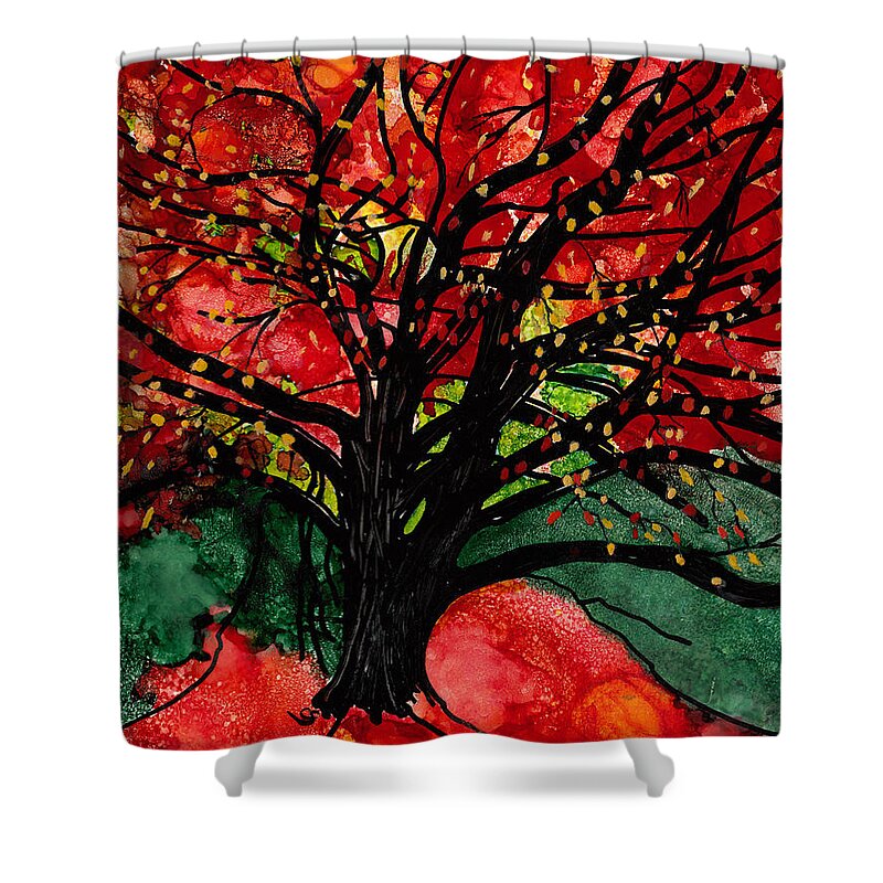 Blazing Autumn Tree Shower Curtain featuring the mixed media Blazing Red Orange Autumn Tree by Conni Schaftenaar