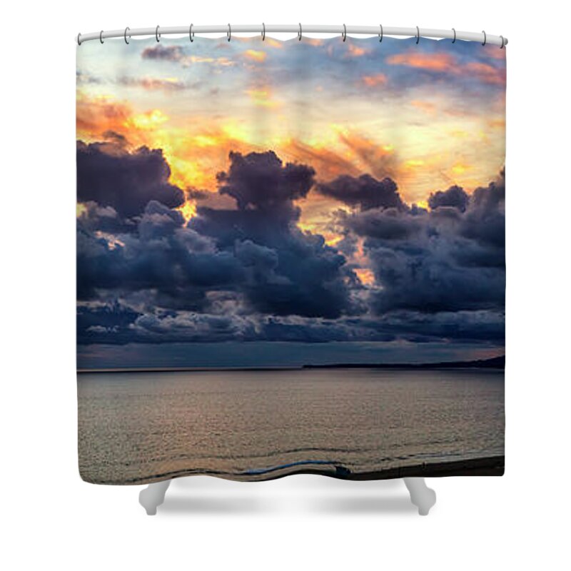 Santa Monica Bay Panorama Shower Curtain featuring the photograph Blazing Sky At Sunset - Panorama by Gene Parks