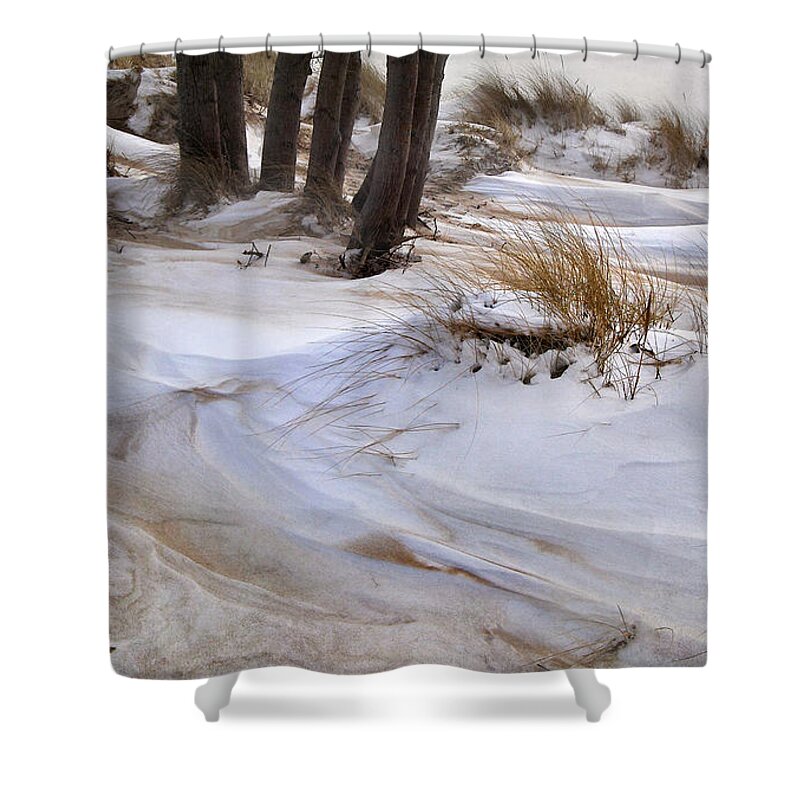 Snow Shower Curtain featuring the photograph Blending Sand and Snow by Kathi Mirto