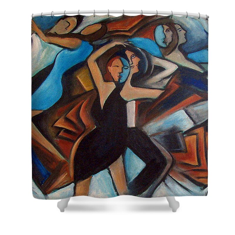 Abstract Dancers Shower Curtain featuring the painting Bleu Danse by Valerie Vescovi