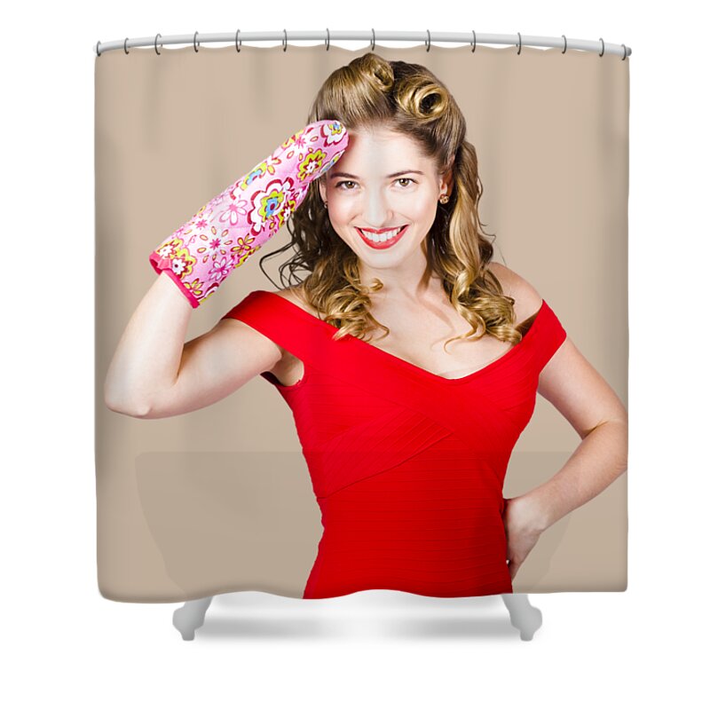 Catering Shower Curtain featuring the photograph Blond pinup woman saluting in cooking glove by Jorgo Photography
