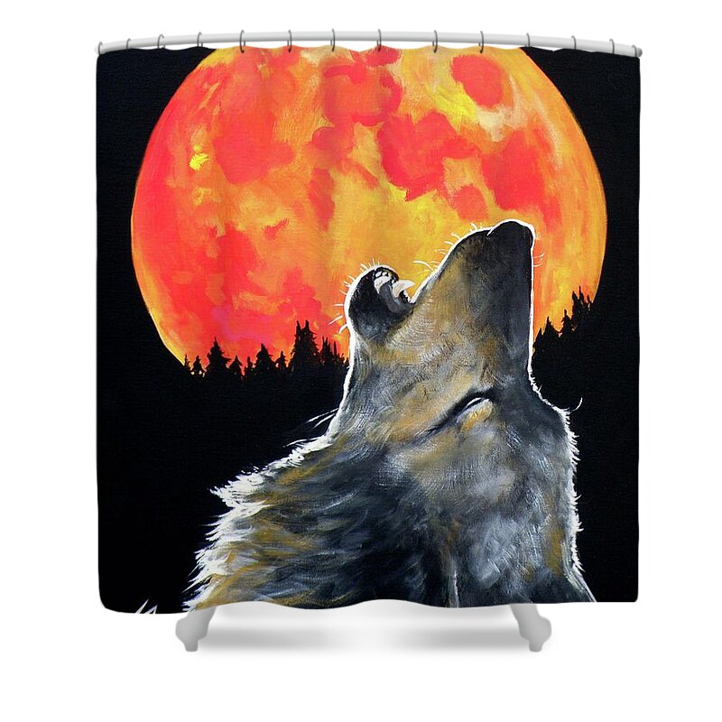Wolf Shower Curtain featuring the painting Blood Moon Wolf by Tom Carlton