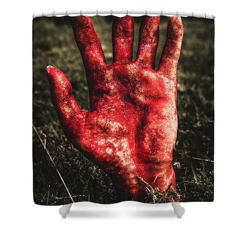 Zombies Shower Curtain featuring the photograph Blood Stained Hand Coming Out Of The Ground At Night by Jorgo Photography