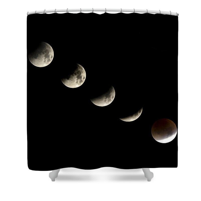 Lunar Eclipse Shower Curtain featuring the photograph Bloodmoon Lunar Eclipse with phases composite by Andy Myatt