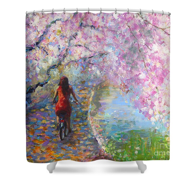 Spring Blossoms Alley Painting Shower Curtain featuring the painting Blossom Alley Impressionistic painting by Svetlana Novikova
