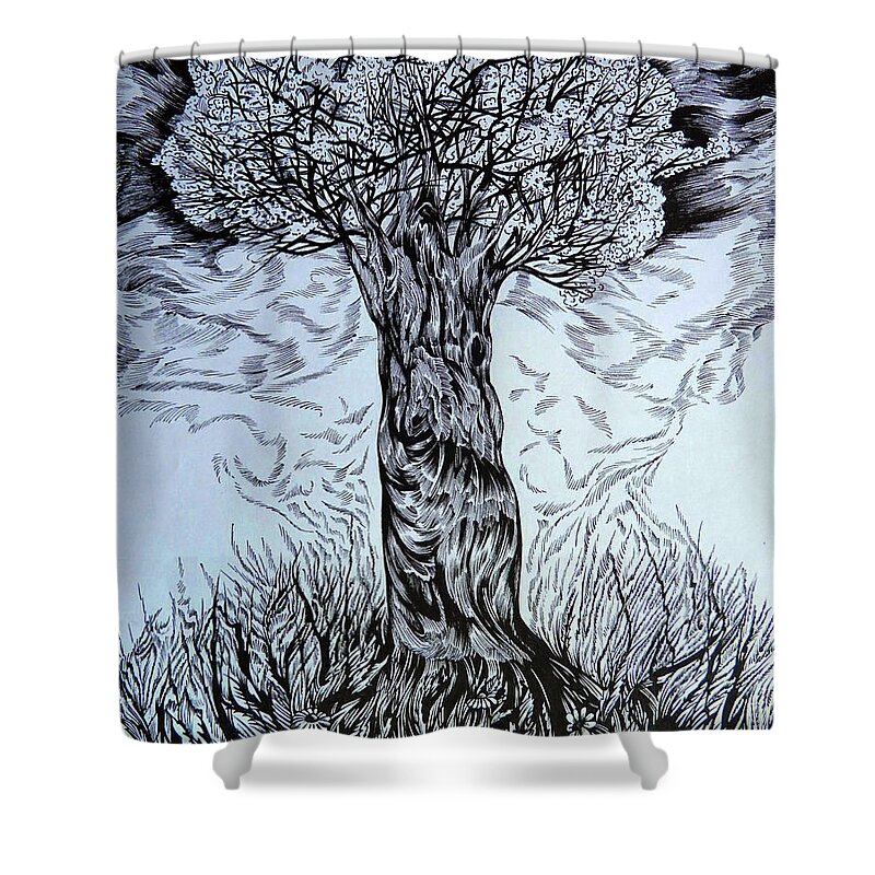 Landscape Shower Curtain featuring the drawing Blossom at any age by Anna Duyunova