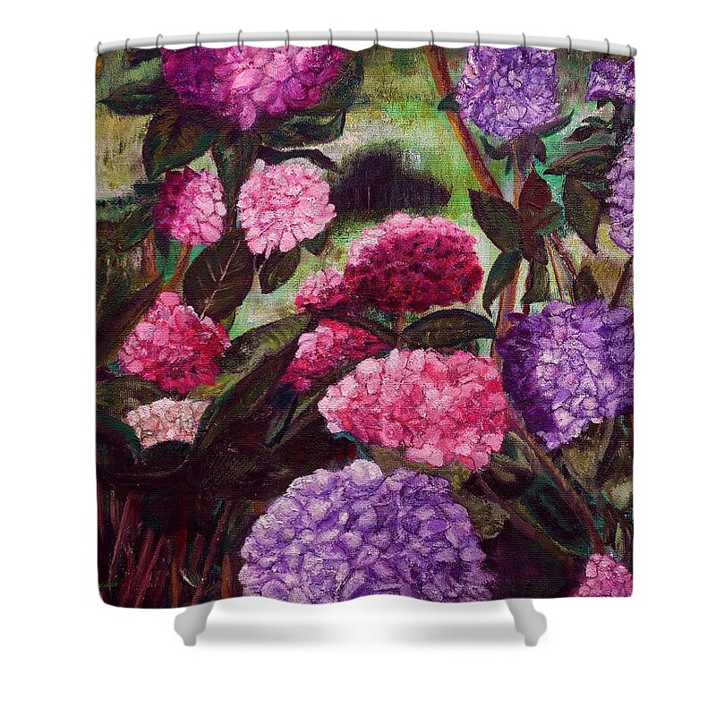 Hydrangea Shower Curtain featuring the painting Blossom in the Garden by Deborah D Russo