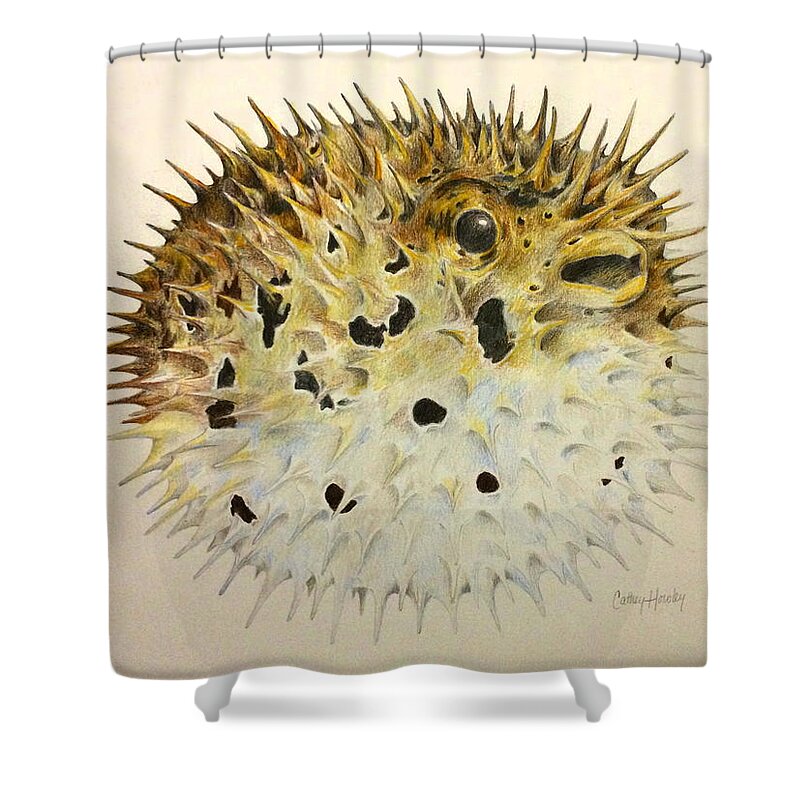 Nature Shower Curtain featuring the drawing Blowfish by Catherine Howley