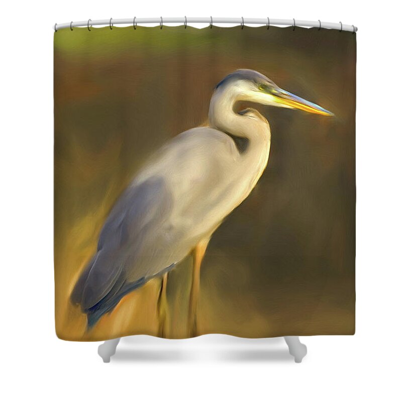Blue Heron And Sunset Shower Curtain featuring the digital art Blue and Gold by Don Wright