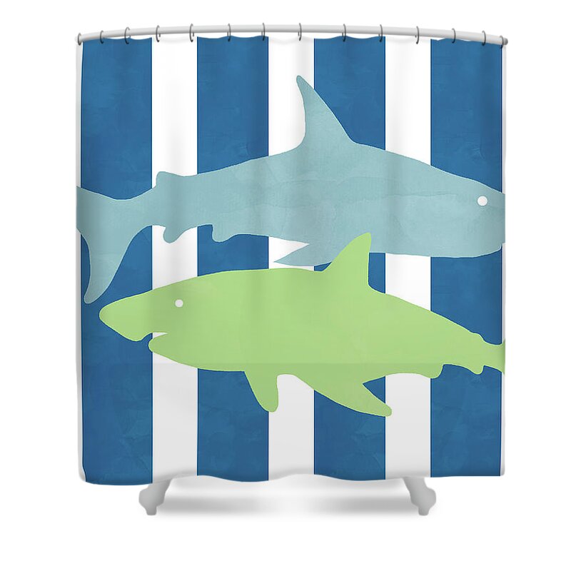 Shark Shower Curtain featuring the mixed media Blue and Green Sharks- Art by Linda Woods by Linda Woods