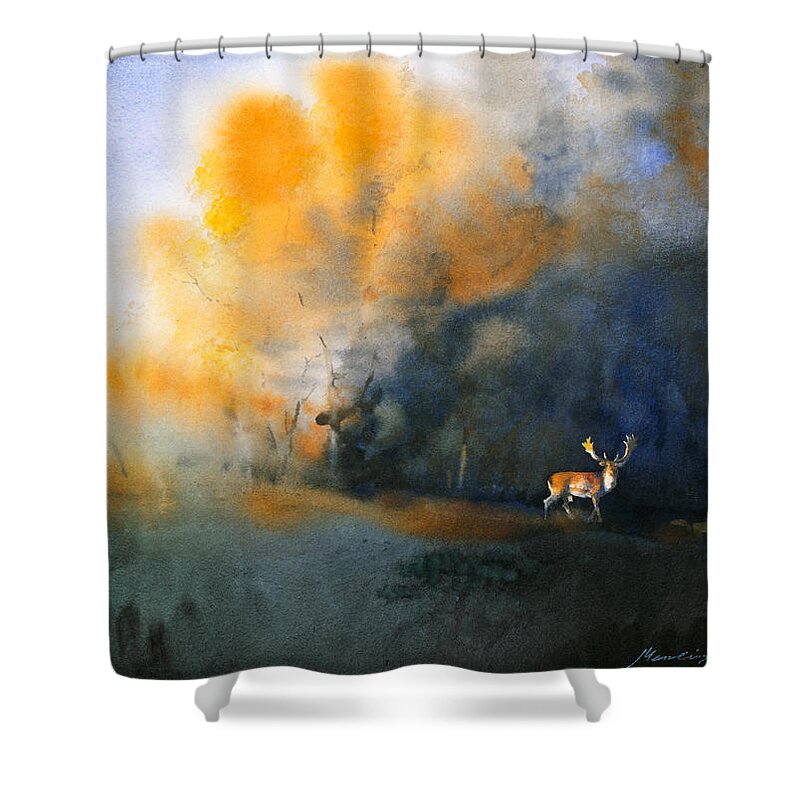 Deer Shower Curtain featuring the painting Blue and Orange by Attila Meszlenyi
