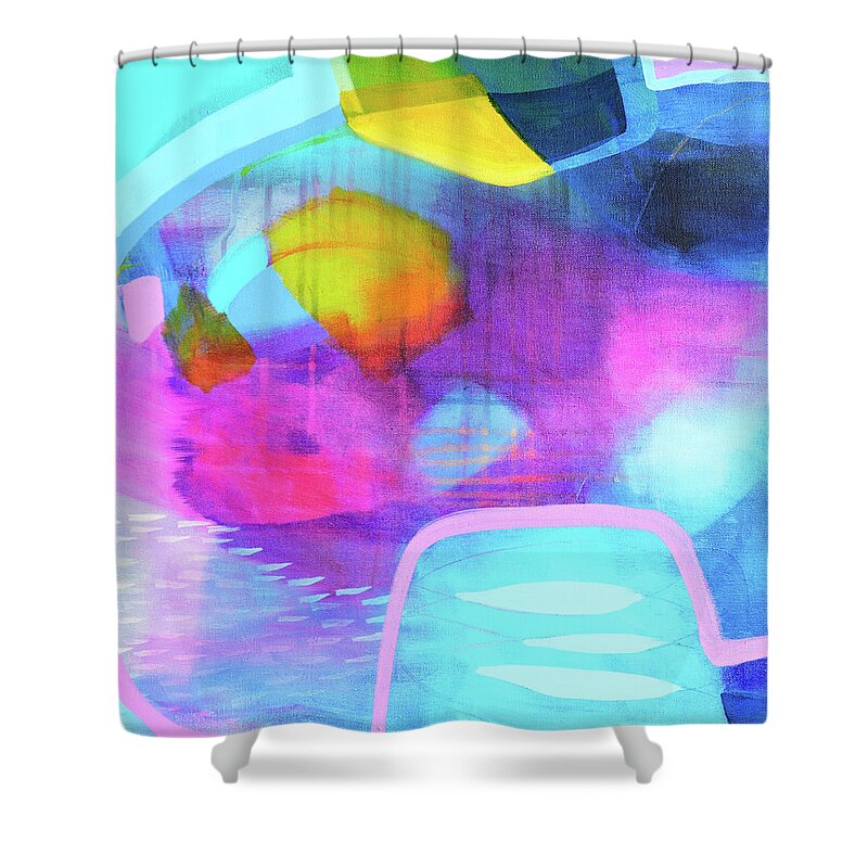 Blue Abstract Shower Curtain featuring the painting Blue and Pink Abstract by Tracy-Ann Marrison